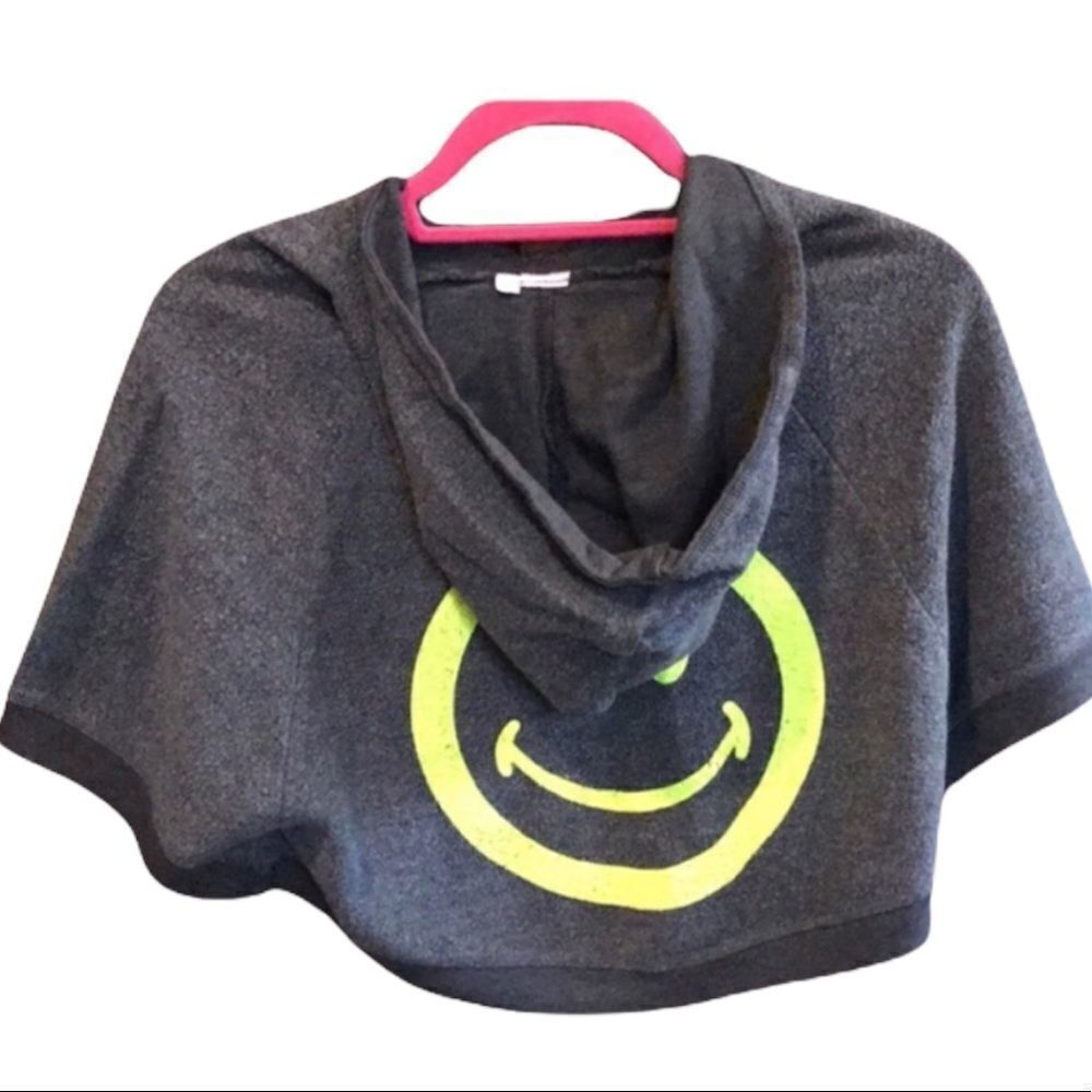 Grey fleece smiley face hooded poncho
